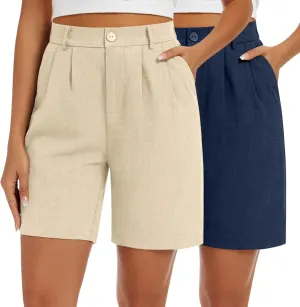 2 Pack Linen Bermuda Shorts for Women Dressy High Waisted Casual Elastic Pleated Wide Leg Summer Shorts with Pockets