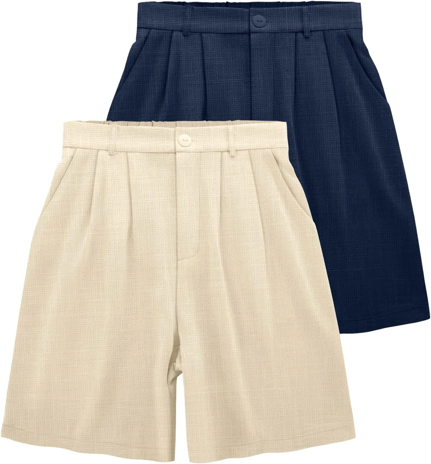 2 Pack Linen Bermuda Shorts for Women Dressy High Waisted Casual Elastic Pleated Wide Leg Summer Shorts with Pockets