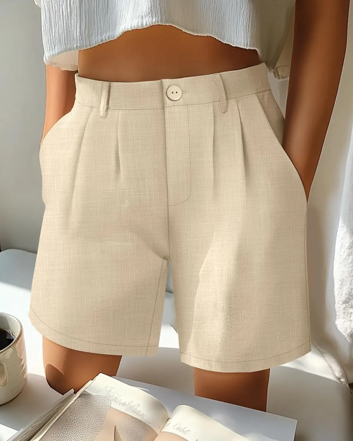 2 Pack Linen Bermuda Shorts for Women Dressy High Waisted Casual Elastic Pleated Wide Leg Summer Shorts with Pockets