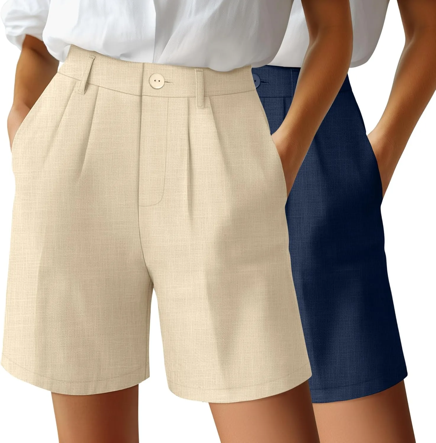 2 Pack Linen Bermuda Shorts for Women Dressy High Waisted Casual Elastic Pleated Wide Leg Summer Shorts with Pockets