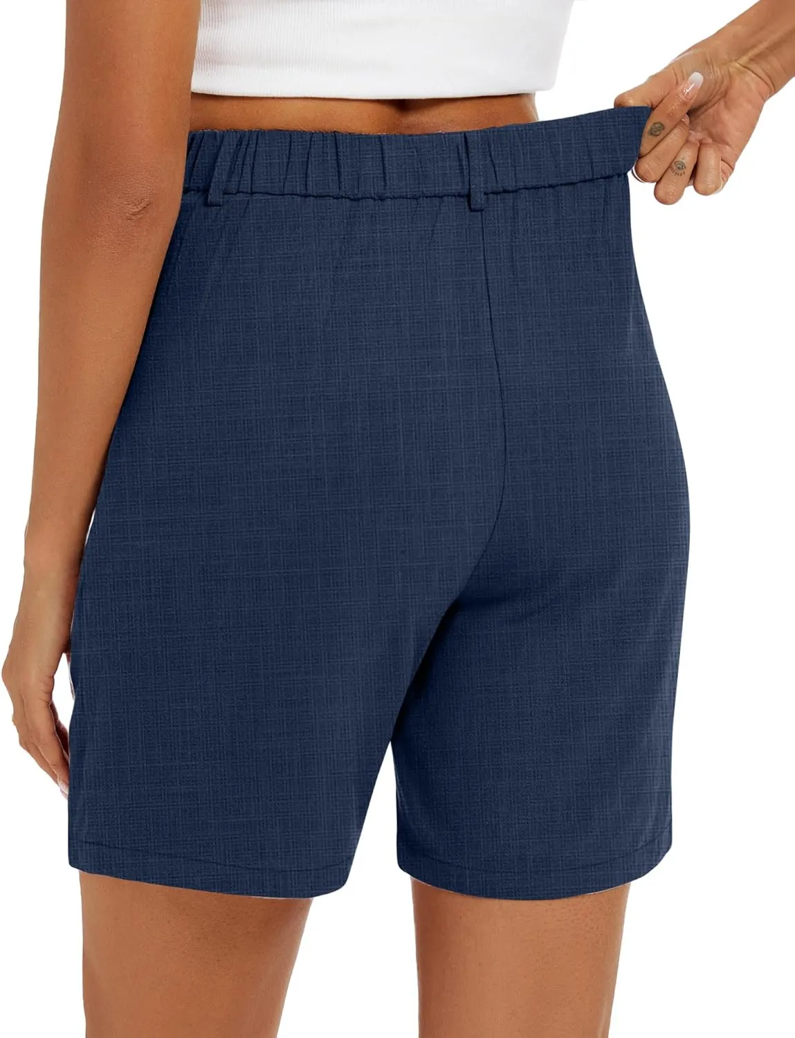 2 Pack Linen Bermuda Shorts for Women Dressy High Waisted Casual Elastic Pleated Wide Leg Summer Shorts with Pockets