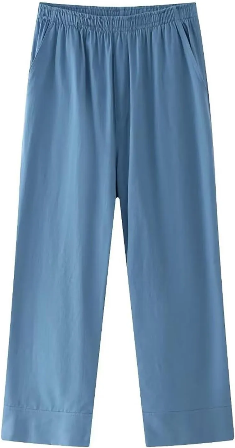 2025 Fashion Pants for Women Solid Elastic High Waist Wide Leg Trousers Casual Comfy Lightweight Pants with Pockets