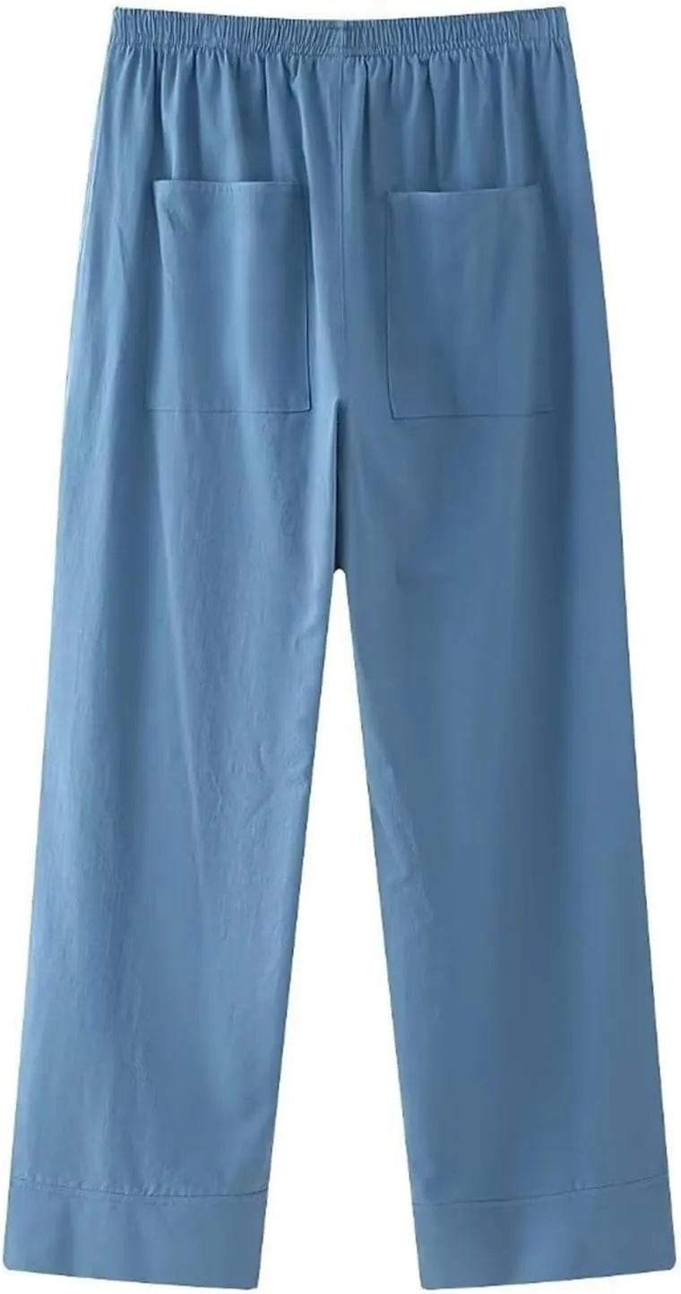 2025 Fashion Pants for Women Solid Elastic High Waist Wide Leg Trousers Casual Comfy Lightweight Pants with Pockets