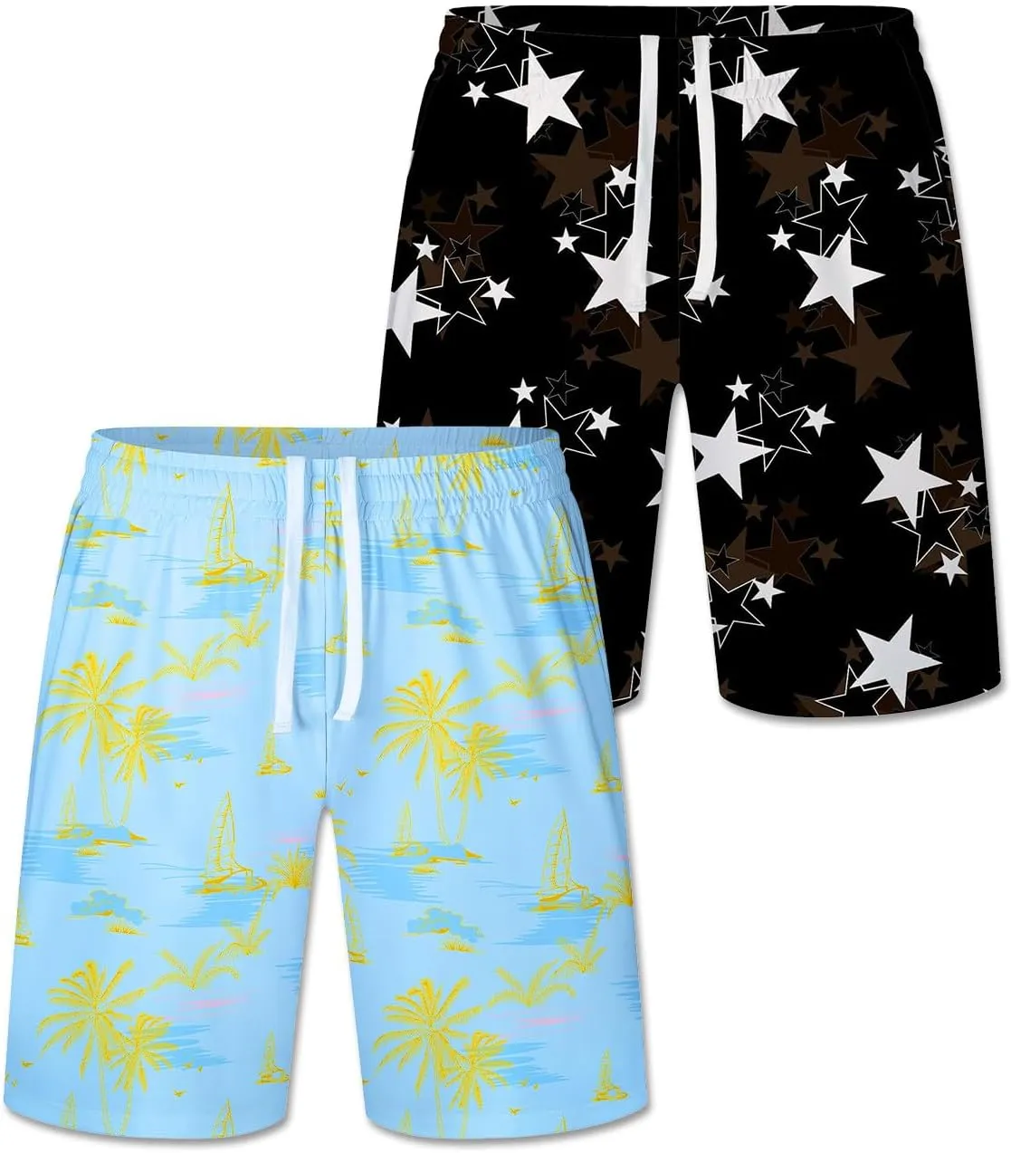 2/3/4 Pack Men's Beach Shorts Casual 9" Inseam Elastic Waist Drawstring Quick Dry Board Shorts with Pockets