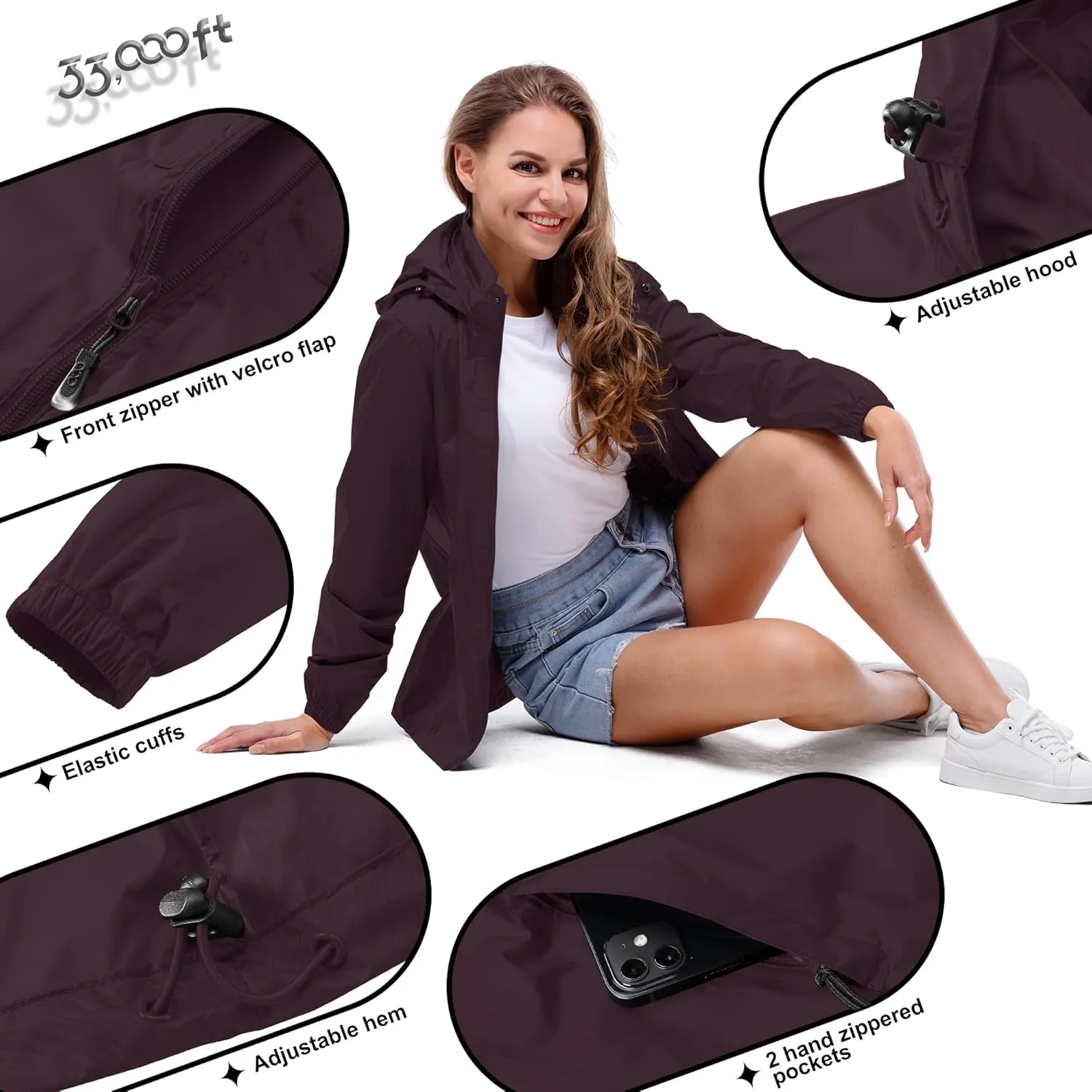 33,000ft Women's Rain Jacket Waterproof Lightweight Packable Raincoat with Hood for Golf Hiking Travel Windbreaker