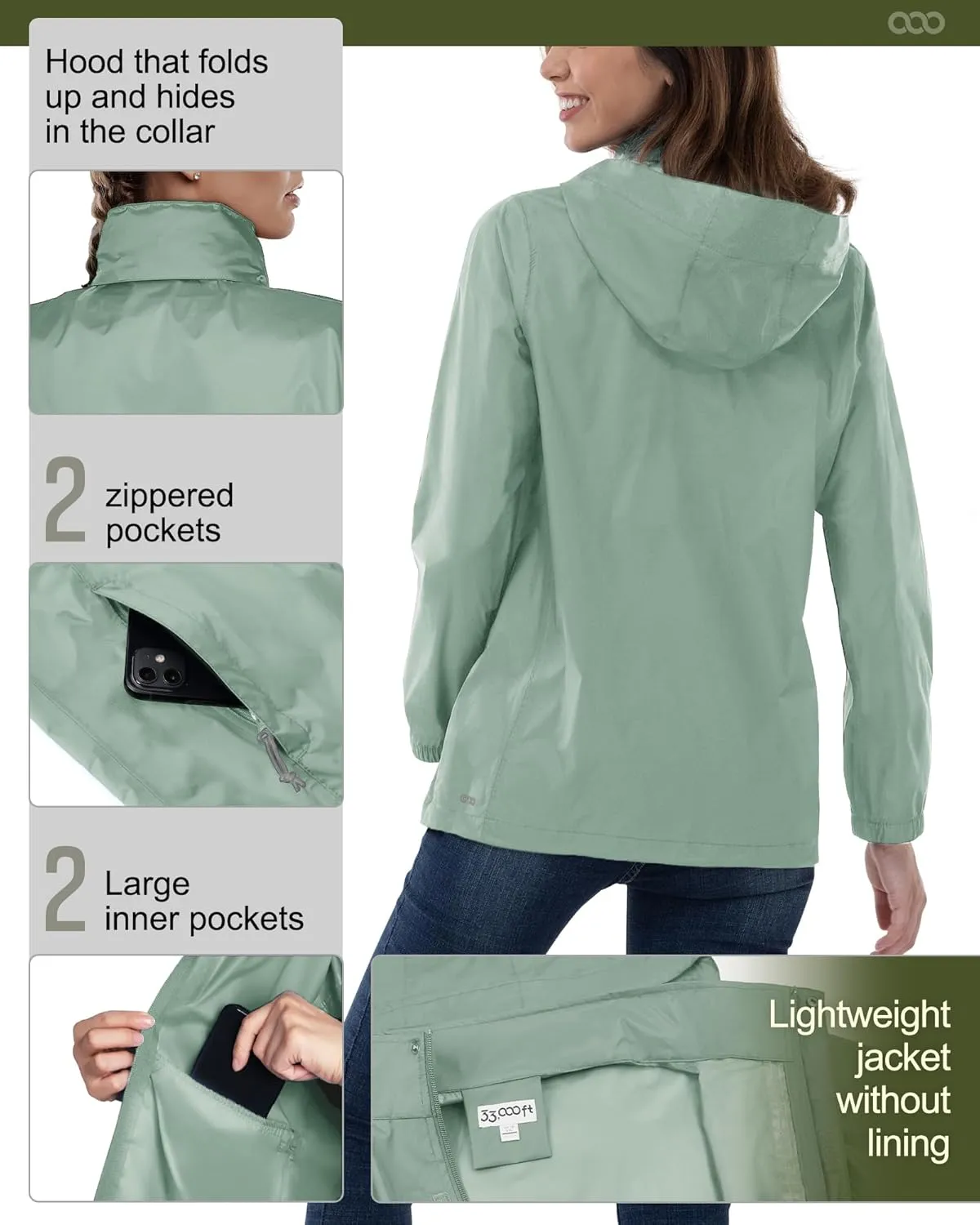 33,000ft Women's Rain Jacket Waterproof Lightweight Packable Raincoat with Hood for Golf Hiking Travel Windbreaker