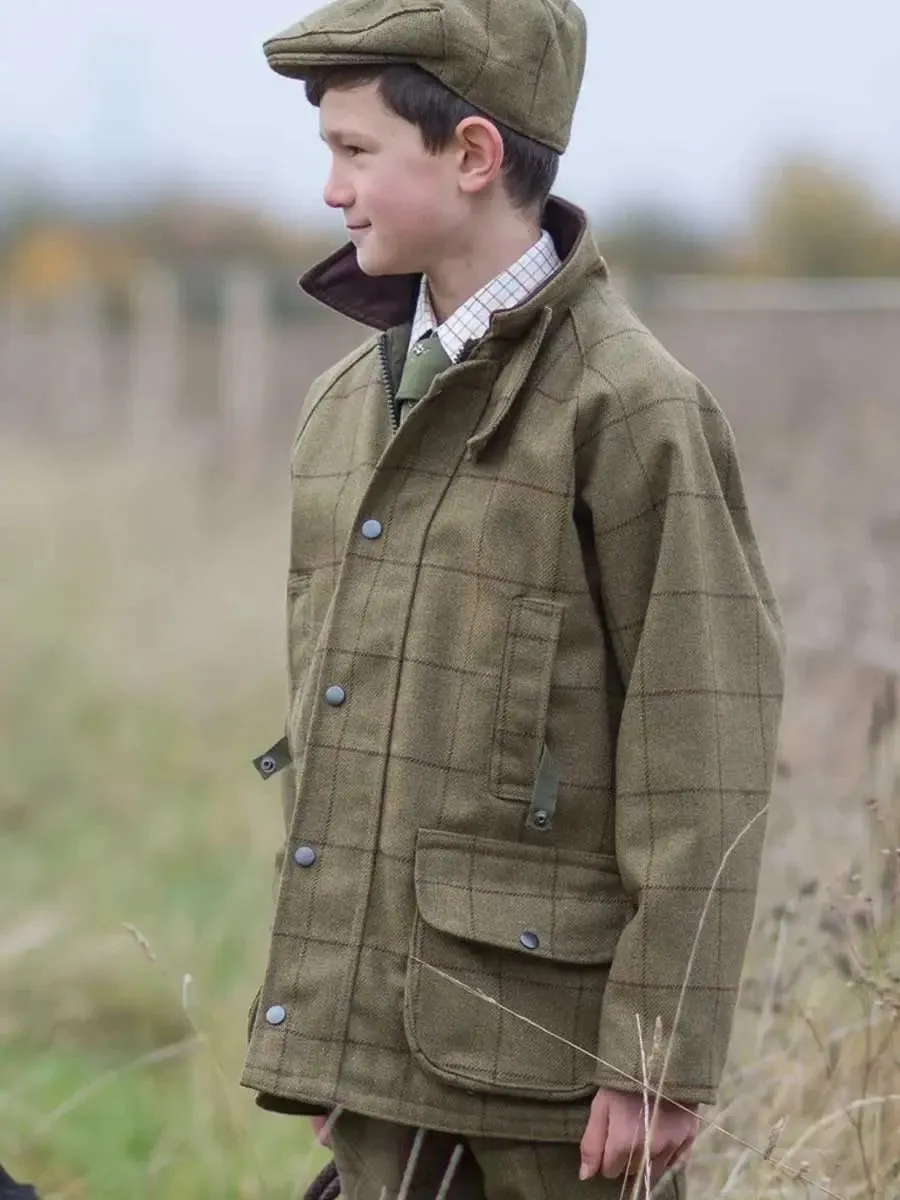 50% OFF - ALAN PAINE Rutland Shooting Coat - Kids Waterproof Tweed - Lichen - Size: Age 11/12 Yrs