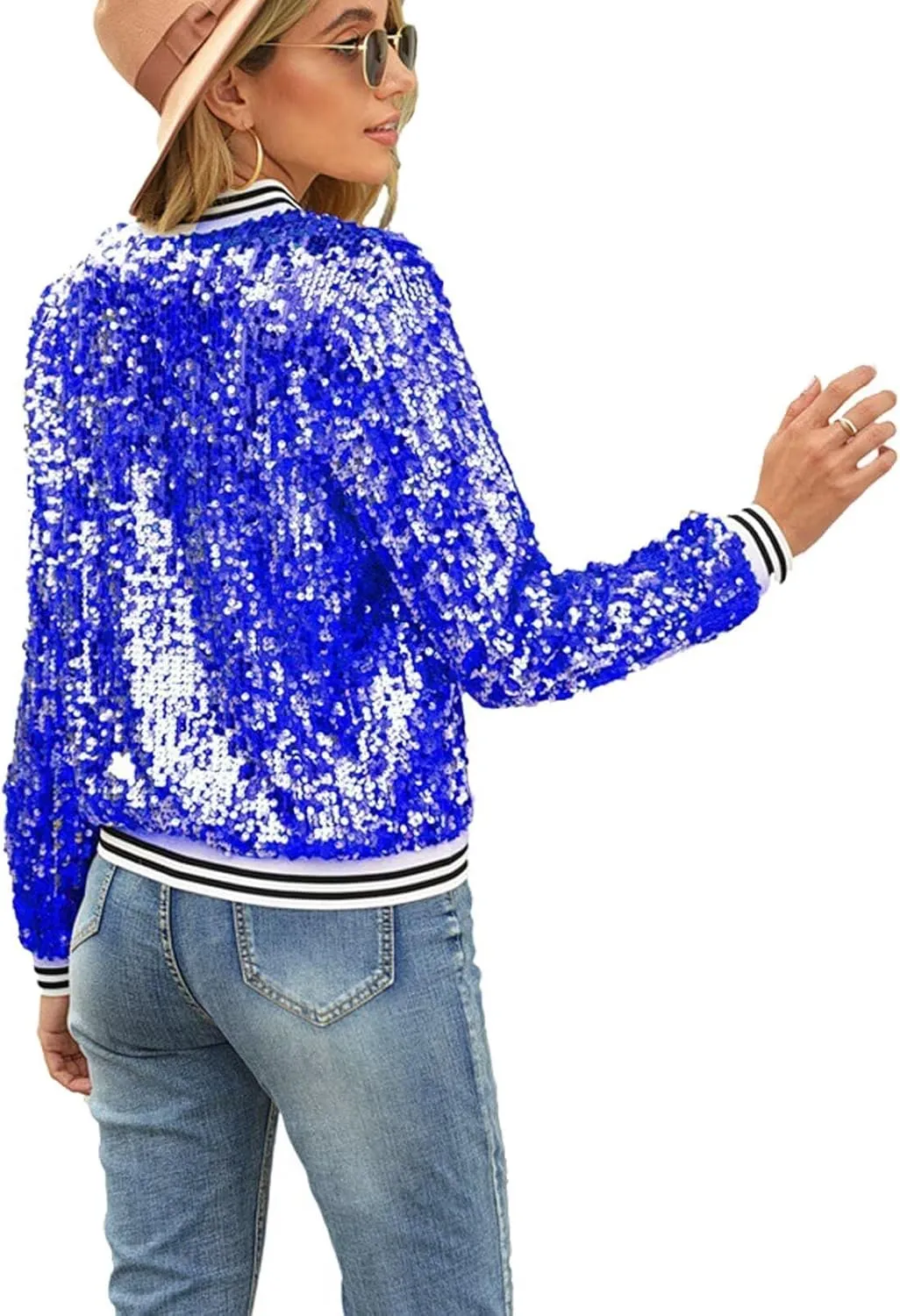 ACEFAST INC Women's Shiny Sparkle Sequins Long Sleeve Zip Blazer Halloween Party Bomber Jacket