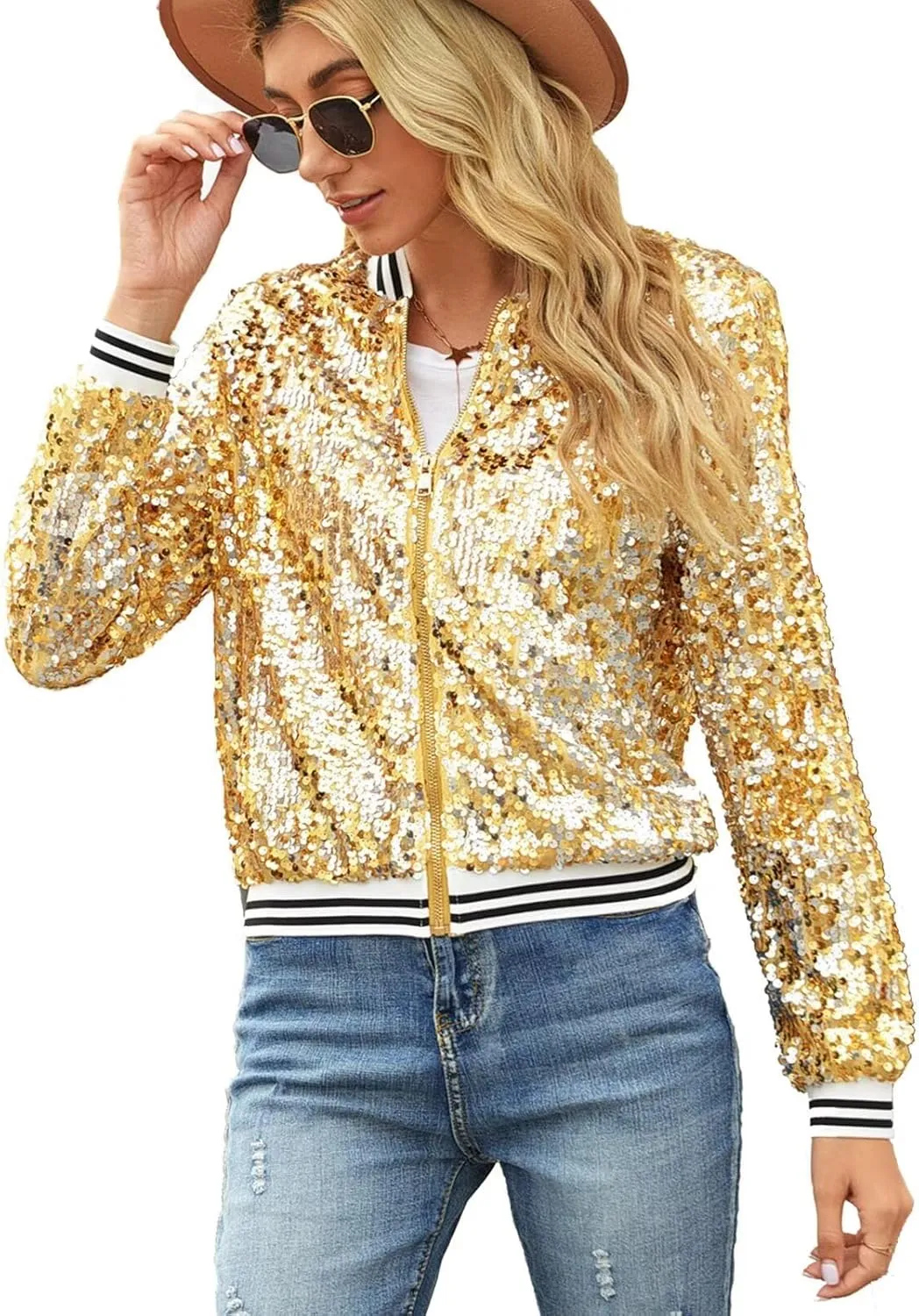 ACEFAST INC Women's Shiny Sparkle Sequins Long Sleeve Zip Blazer Halloween Party Bomber Jacket