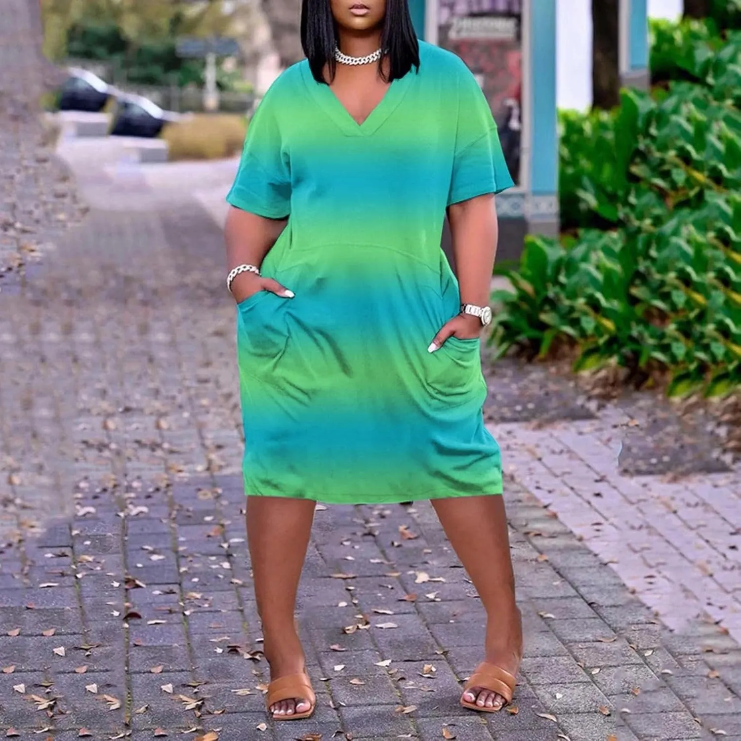 ADHOWBEW Summer Dress for Women Plus Size Dress Fashion Graphic Tshirt Dresses Loose Fit V Neck Short Sleeve Midi Dress