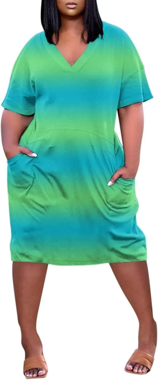 ADHOWBEW Summer Dress for Women Plus Size Dress Fashion Graphic Tshirt Dresses Loose Fit V Neck Short Sleeve Midi Dress