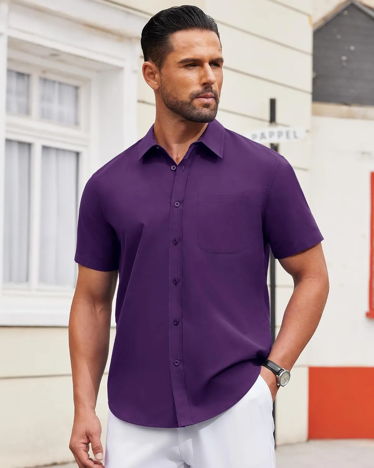 Alimens & Gentle Mens Short Sleeve Dress Shirt Wrinkle Free Solid Casual Button Down Shirts for Summer Business Wedding