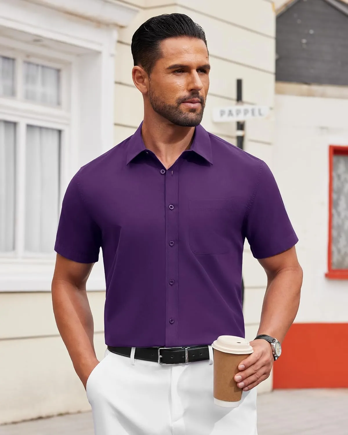 Alimens & Gentle Mens Short Sleeve Dress Shirt Wrinkle Free Solid Casual Button Down Shirts for Summer Business Wedding
