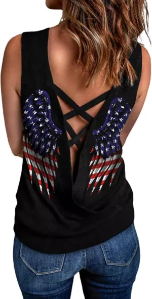 American Flag Wing Criss-Cross Open Back Tank Women Patriotic Shirt Flag Print Sleeveless T-Shirt 4th of July Tank Top