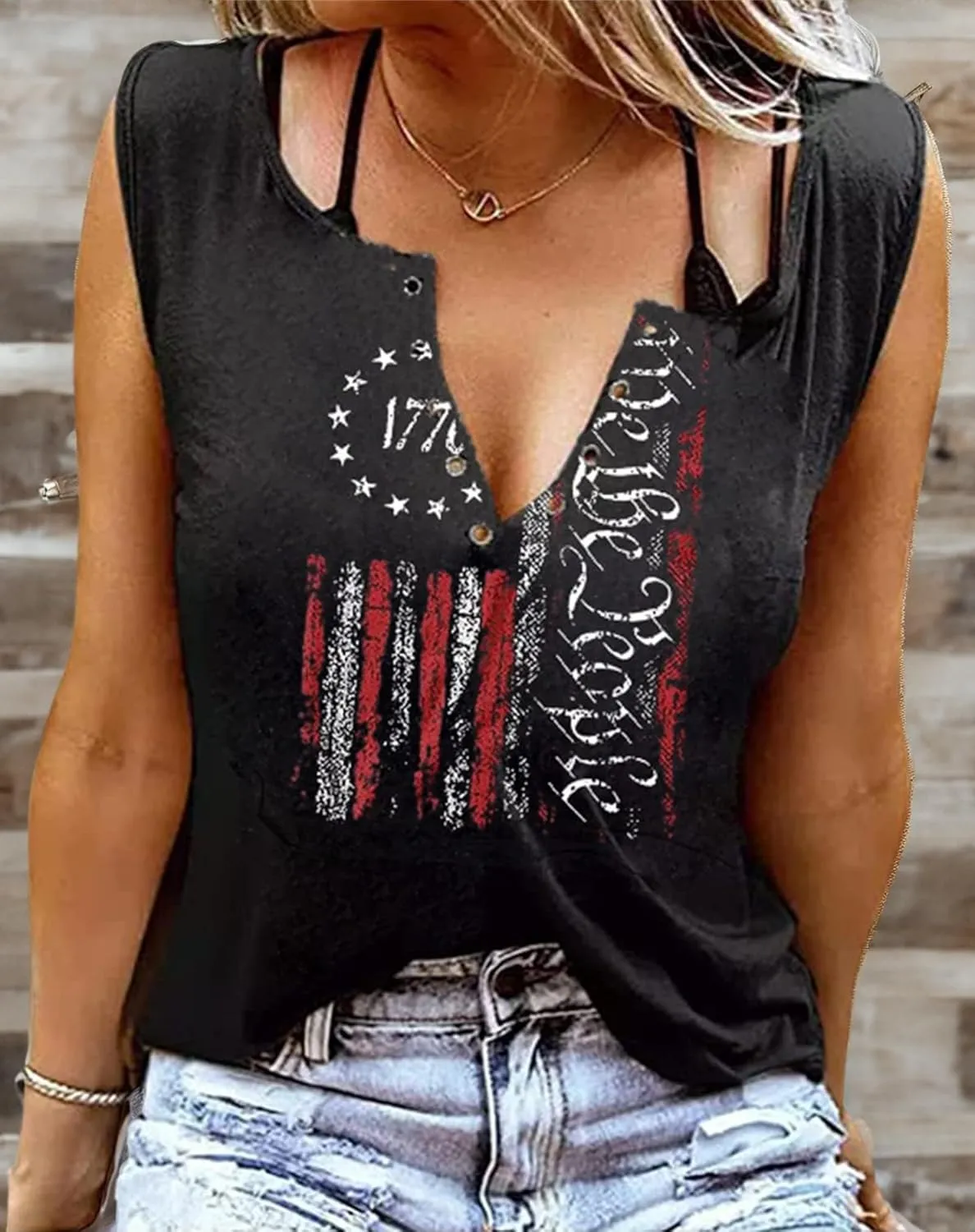 American Flag Wing Criss-Cross Open Back Tank Women Patriotic Shirt Flag Print Sleeveless T-Shirt 4th of July Tank Top
