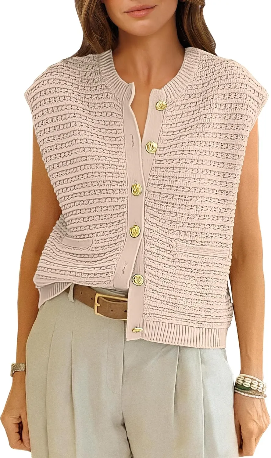 ANRABESS Women Sweater Vests Sleeveless Cardigan Casual Loose Knit Button Down Sweater Tops 2025 Spring Summer Trendy Outfits