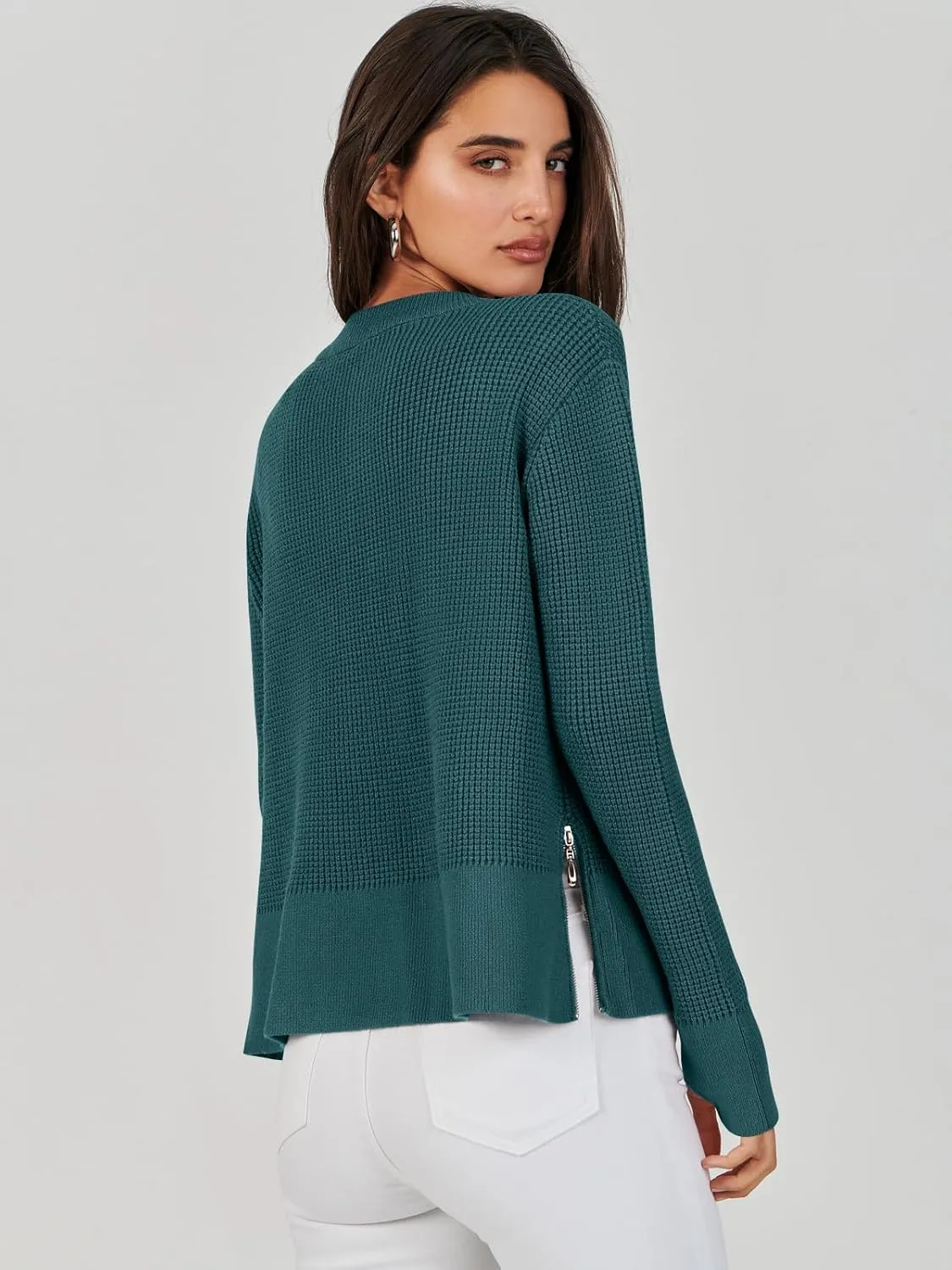 ANRABESS Womens Crewneck Long Sleeve Waffle Knit Casual Side Zipper Pullover Sweaters Top Thumbhole 2025 Fall Outfits
