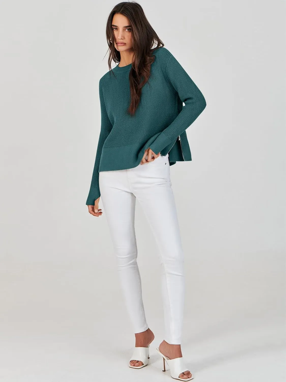ANRABESS Womens Crewneck Long Sleeve Waffle Knit Casual Side Zipper Pullover Sweaters Top Thumbhole 2025 Fall Outfits