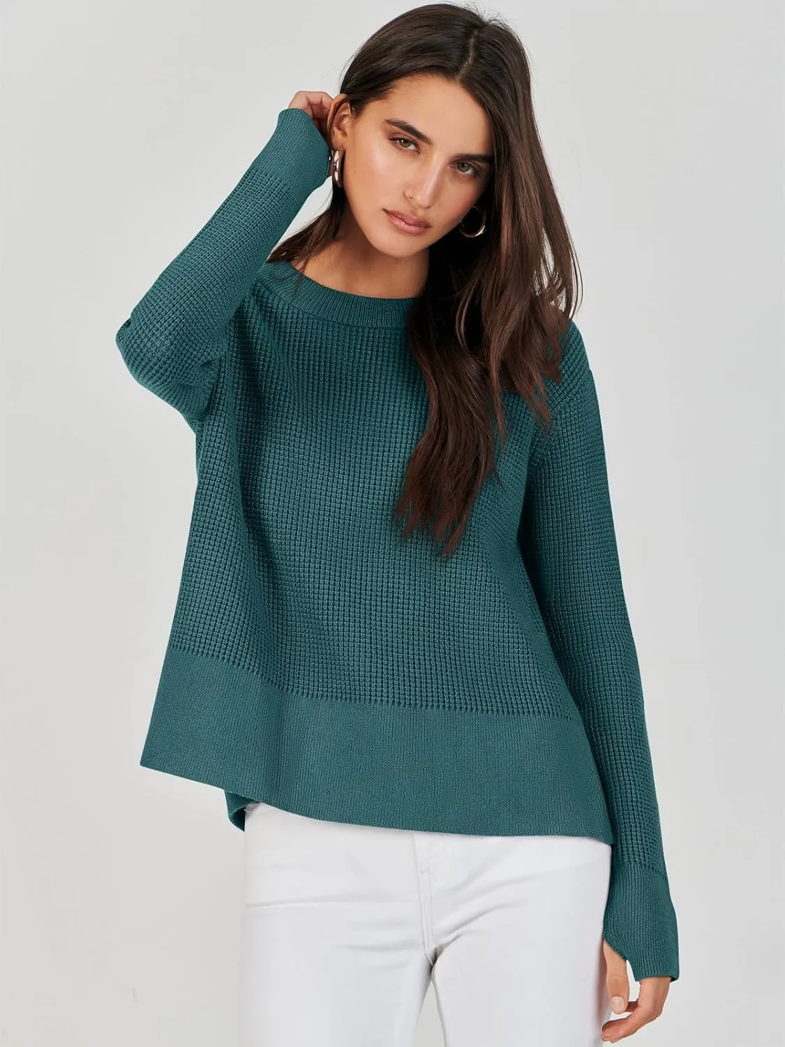 ANRABESS Womens Crewneck Long Sleeve Waffle Knit Casual Side Zipper Pullover Sweaters Top Thumbhole 2025 Fall Outfits
