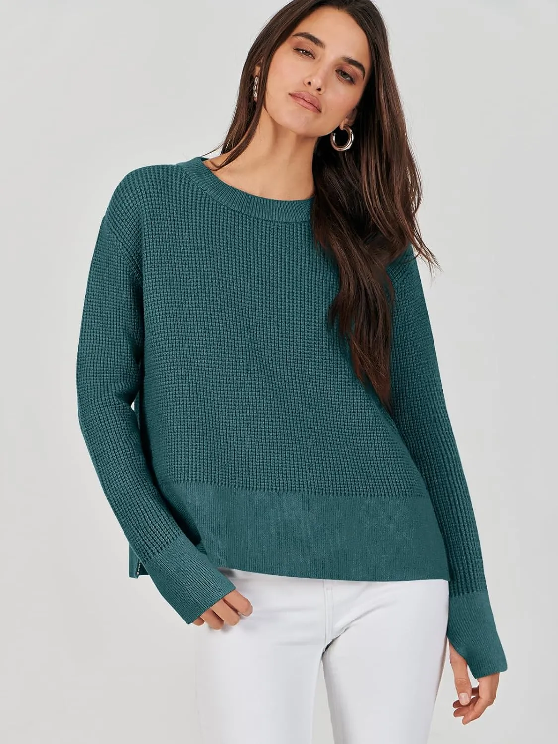 ANRABESS Womens Crewneck Long Sleeve Waffle Knit Casual Side Zipper Pullover Sweaters Top Thumbhole 2025 Fall Outfits