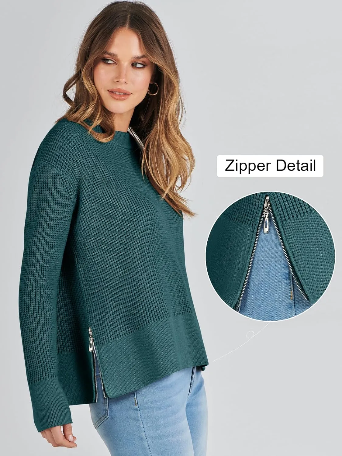 ANRABESS Womens Crewneck Long Sleeve Waffle Knit Casual Side Zipper Pullover Sweaters Top Thumbhole 2025 Fall Outfits