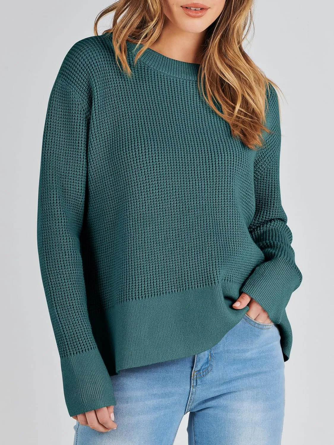 ANRABESS Womens Crewneck Long Sleeve Waffle Knit Casual Side Zipper Pullover Sweaters Top Thumbhole 2025 Fall Outfits