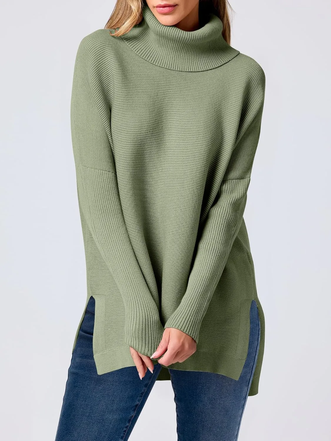 ANRABESS Women's Oversized Turtleneck Batwing Sleeve Spilt Casual Loose Knit Tunic Pullover Sweater Tops 2025 Fall Outfits