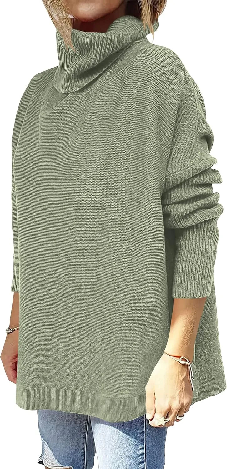 ANRABESS Women's Oversized Turtleneck Batwing Sleeve Spilt Casual Loose Knit Tunic Pullover Sweater Tops 2025 Fall Outfits