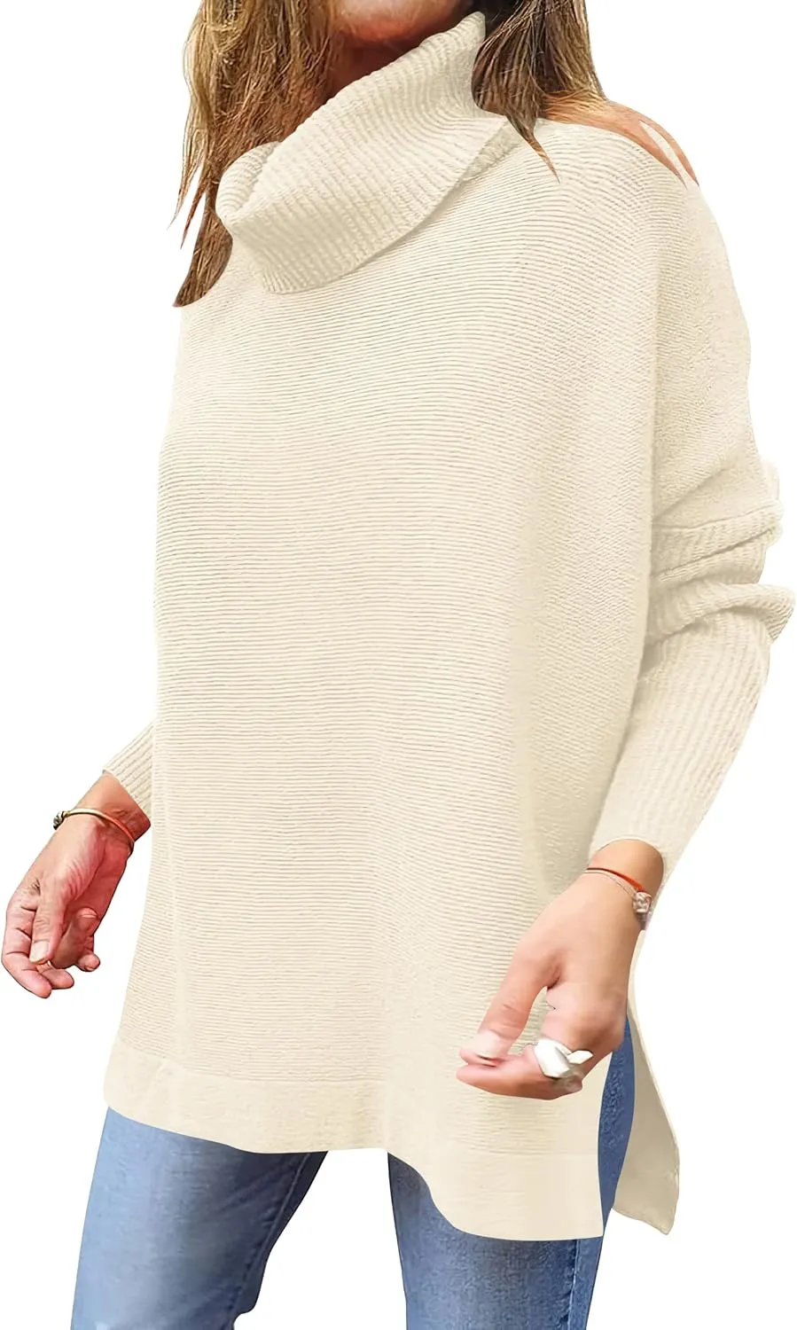 ANRABESS Women's Oversized Turtleneck Batwing Sleeve Spilt Casual Loose Knit Tunic Pullover Sweater Tops 2025 Fall Outfits