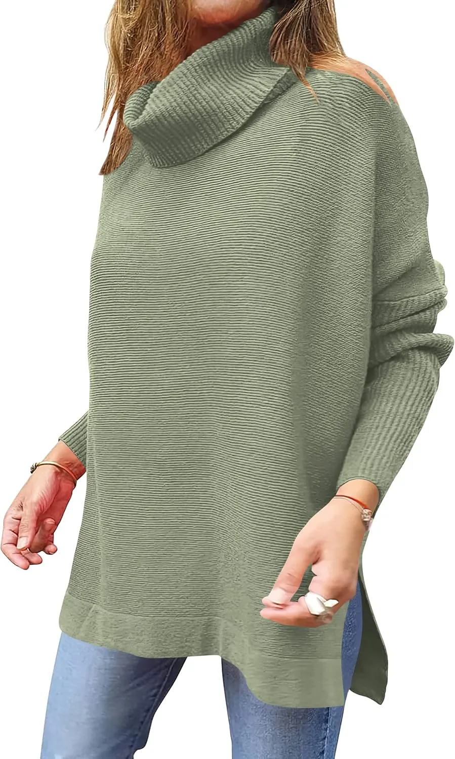 ANRABESS Women's Oversized Turtleneck Batwing Sleeve Spilt Casual Loose Knit Tunic Pullover Sweater Tops 2025 Fall Outfits
