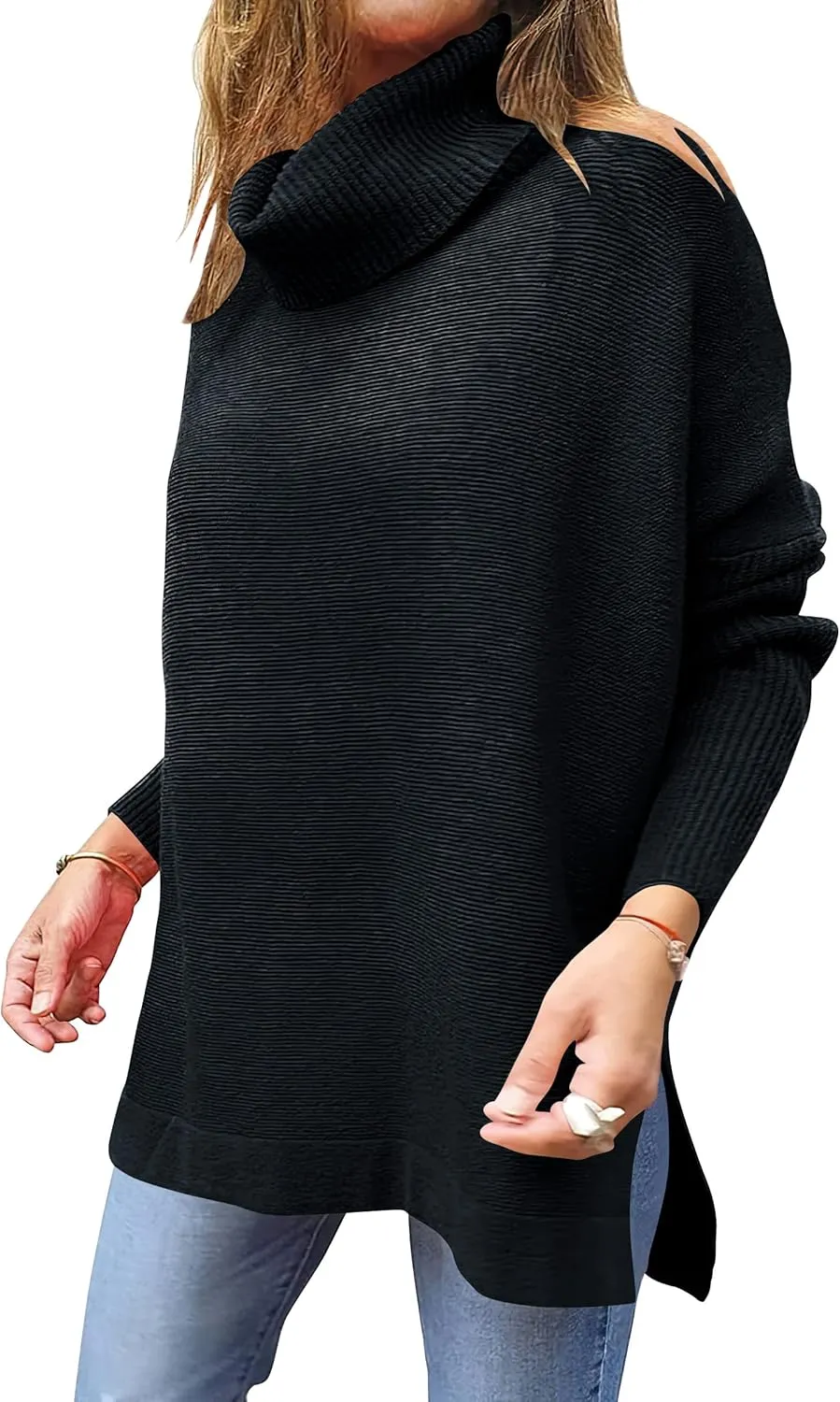 ANRABESS Women's Oversized Turtleneck Batwing Sleeve Spilt Casual Loose Knit Tunic Pullover Sweater Tops 2025 Fall Outfits