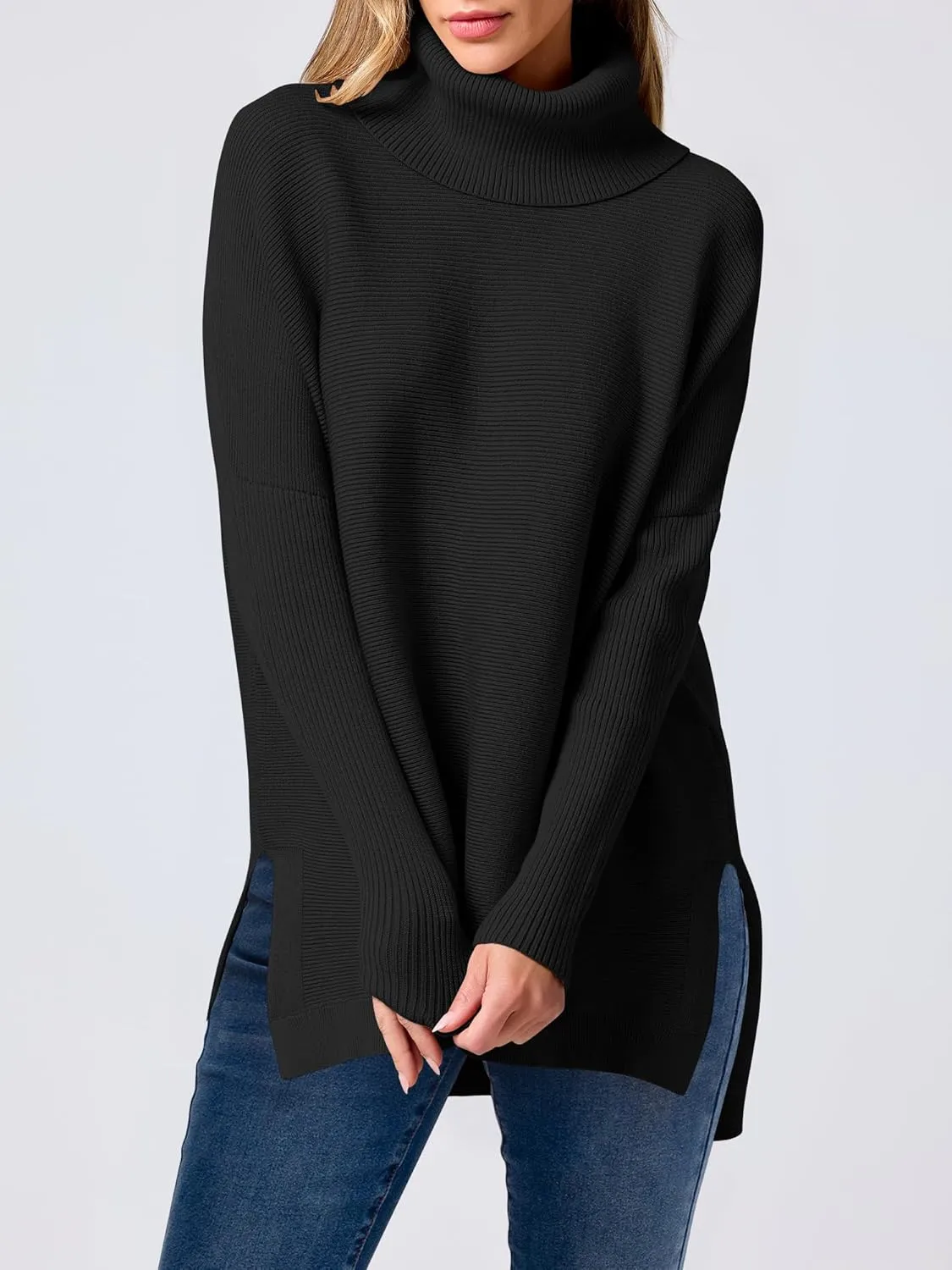 ANRABESS Women's Oversized Turtleneck Batwing Sleeve Spilt Casual Loose Knit Tunic Pullover Sweater Tops 2025 Fall Outfits
