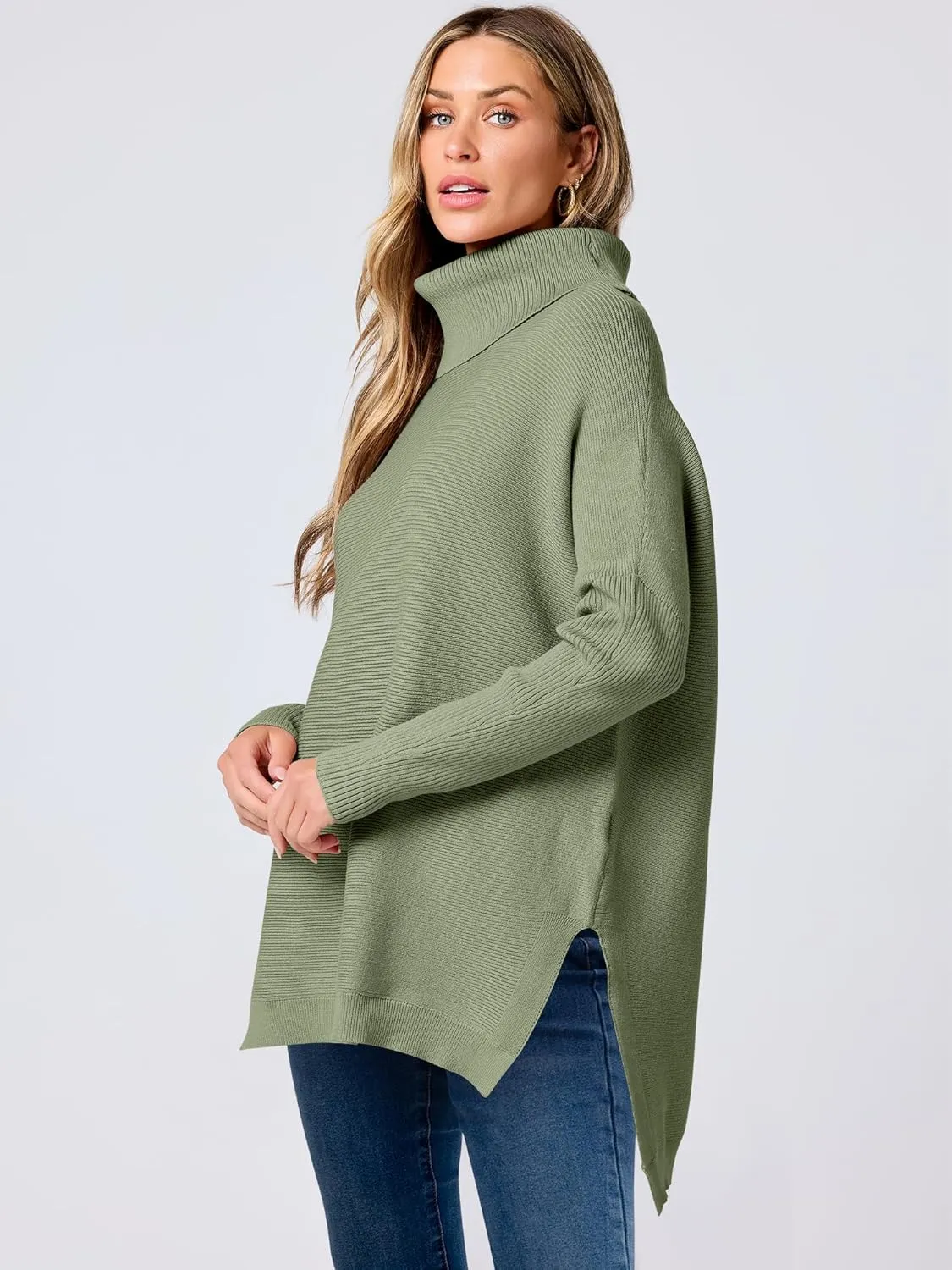 ANRABESS Women's Oversized Turtleneck Batwing Sleeve Spilt Casual Loose Knit Tunic Pullover Sweater Tops 2025 Fall Outfits