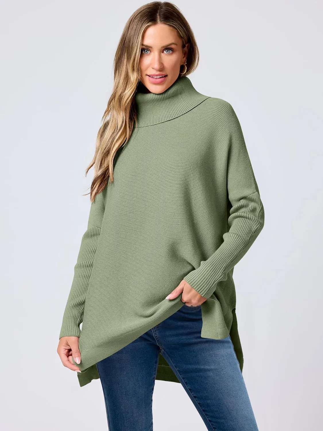 ANRABESS Women's Oversized Turtleneck Batwing Sleeve Spilt Casual Loose Knit Tunic Pullover Sweater Tops 2025 Fall Outfits