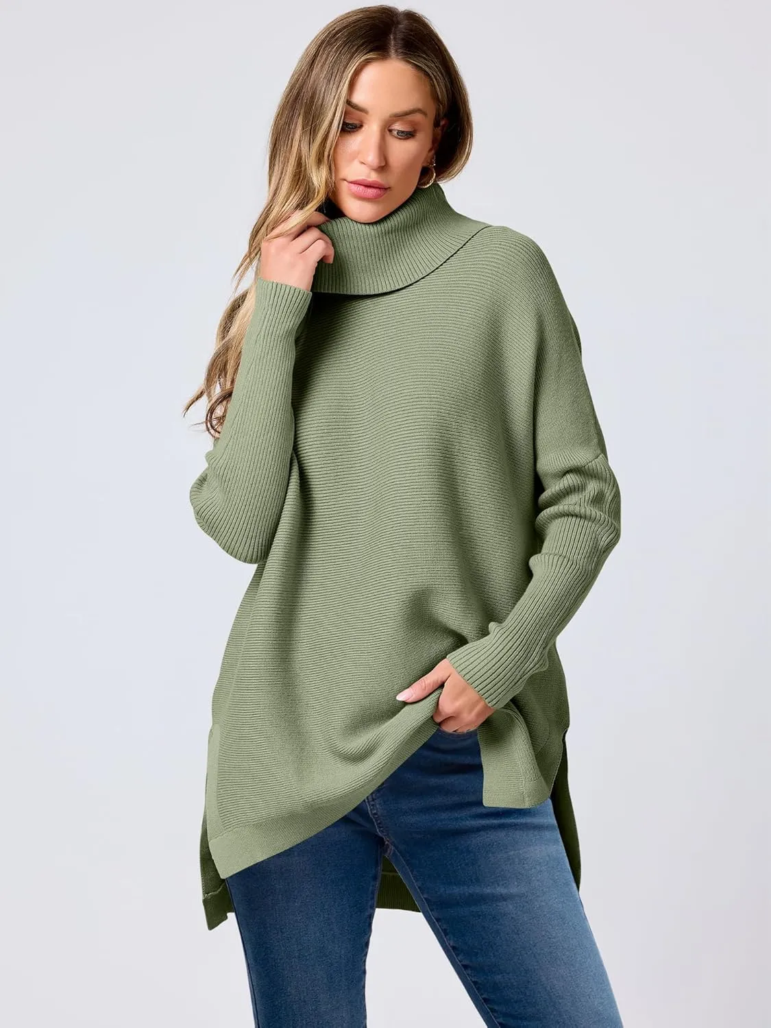 ANRABESS Women's Oversized Turtleneck Batwing Sleeve Spilt Casual Loose Knit Tunic Pullover Sweater Tops 2025 Fall Outfits