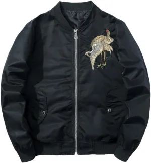 Aoleaky Japanese Spring Bomber Jacket Crane Embroidery,Thick Cotton Padded Baseball Coat