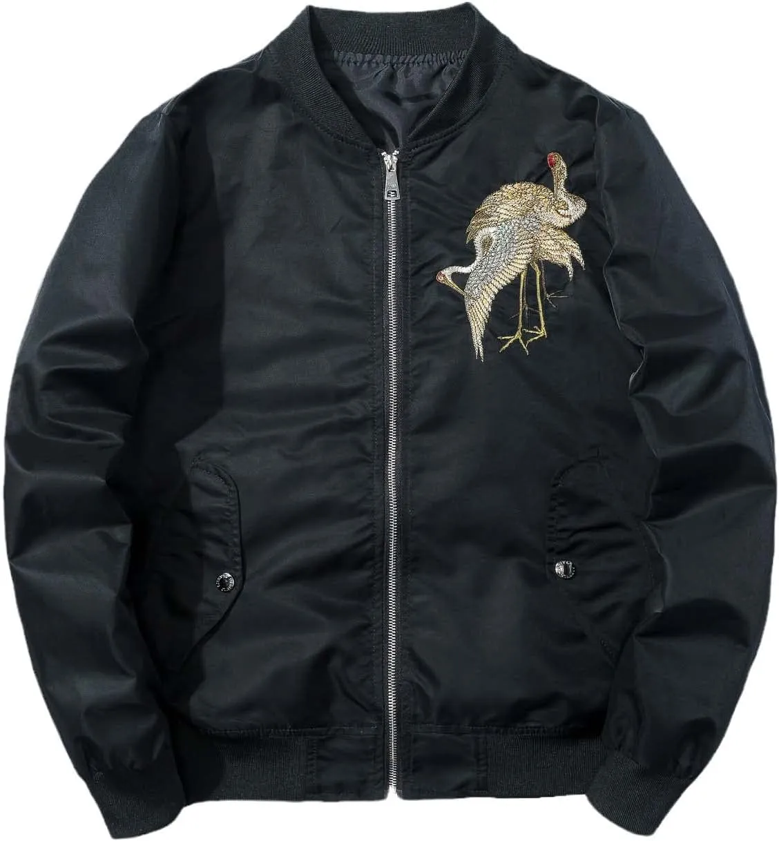 Aoleaky Japanese Spring Bomber Jacket Crane Embroidery,Thick Cotton Padded Baseball Coat