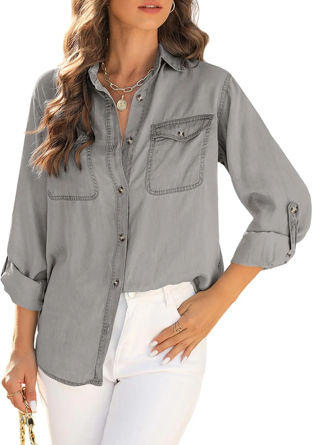 Astylish Women Button Down Denim Shirts Casual Long Sleeve V Neck Chambray Blouse Top