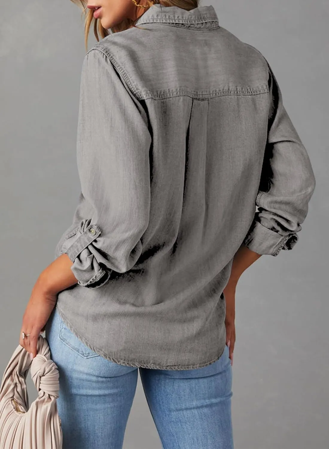 Astylish Women Button Down Denim Shirts Casual Long Sleeve V Neck Chambray Blouse Top