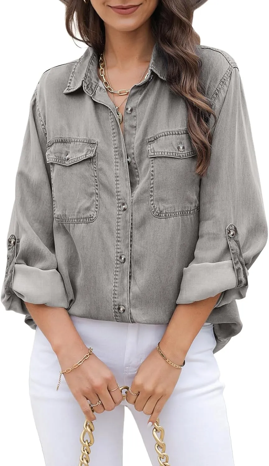 Astylish Women Button Down Denim Shirts Casual Long Sleeve V Neck Chambray Blouse Top