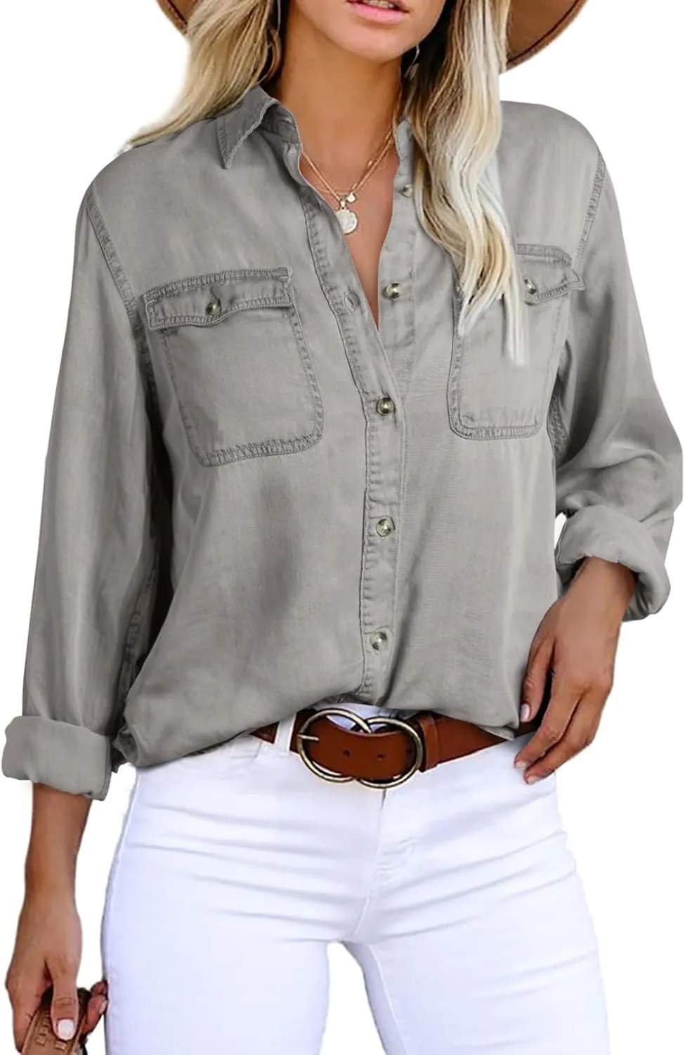 Astylish Women Button Down Denim Shirts Casual Long Sleeve V Neck Chambray Blouse Top