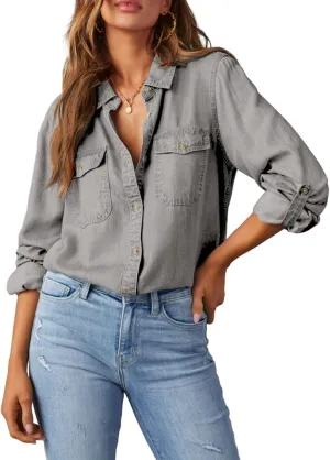 Astylish Women Button Down Denim Shirts Casual Long Sleeve V Neck Chambray Blouse Top