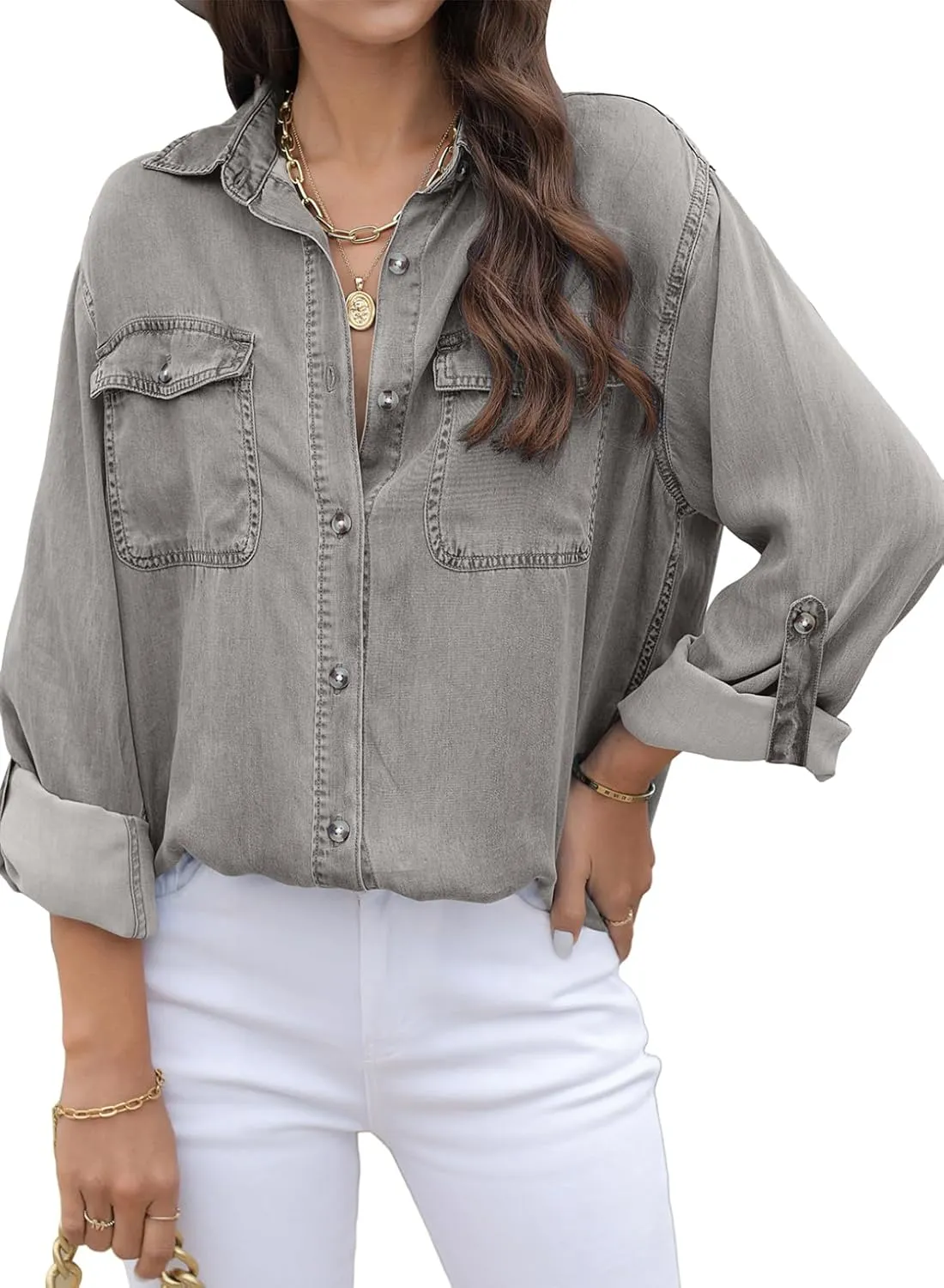 Astylish Women Button Down Denim Shirts Casual Long Sleeve V Neck Chambray Blouse Top
