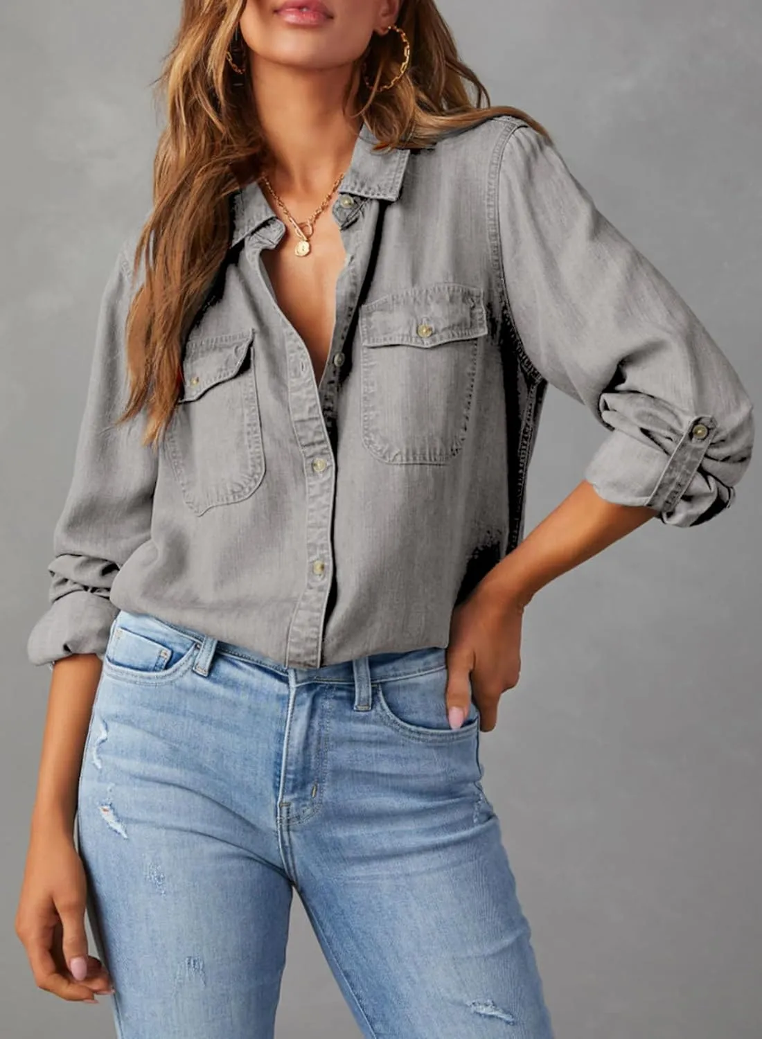 Astylish Women Button Down Denim Shirts Casual Long Sleeve V Neck Chambray Blouse Top
