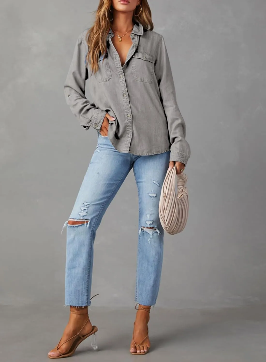 Astylish Women Button Down Denim Shirts Casual Long Sleeve V Neck Chambray Blouse Top