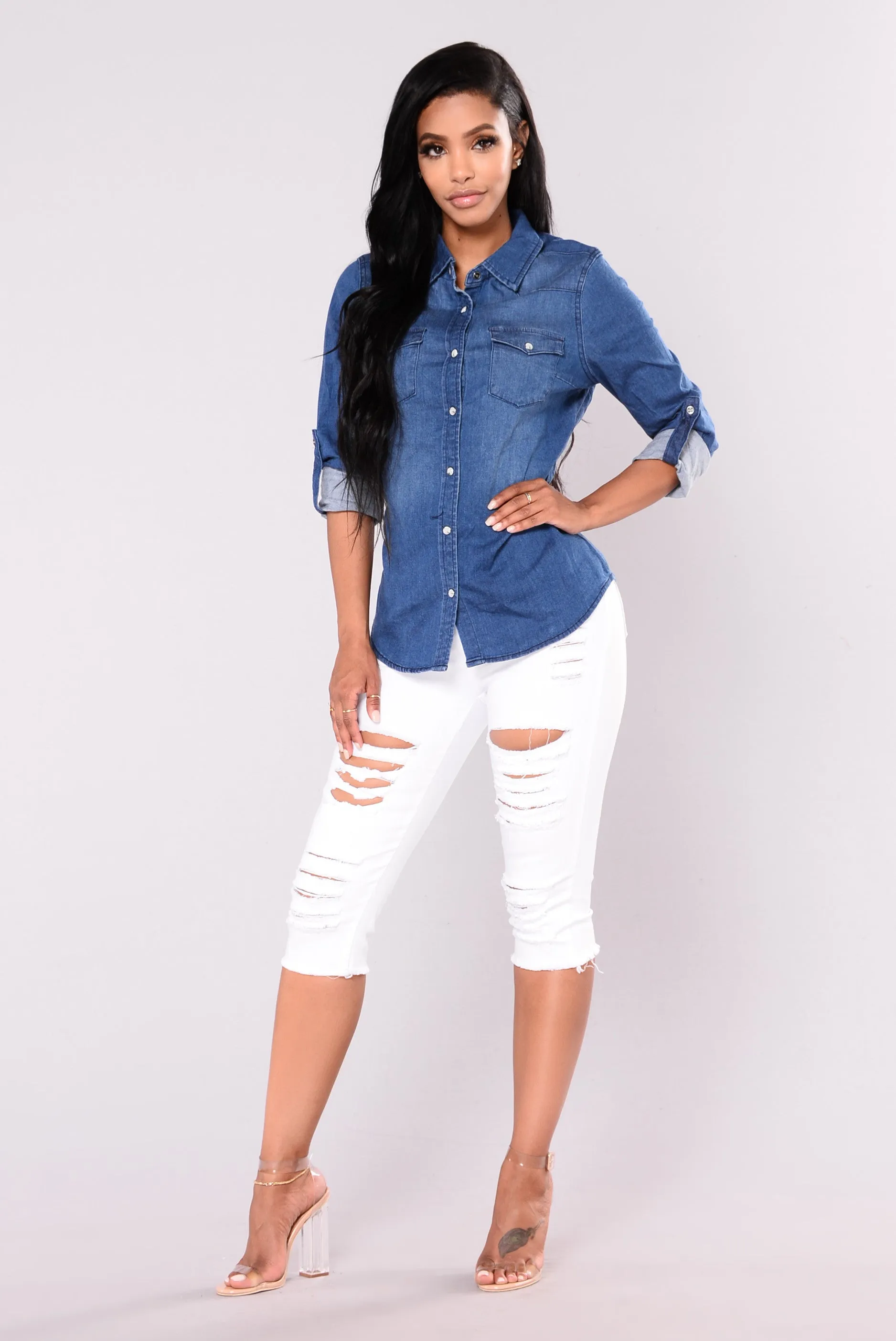 At Last Button Up Top - Medium Wash