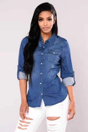 At Last Button Up Top - Medium Wash