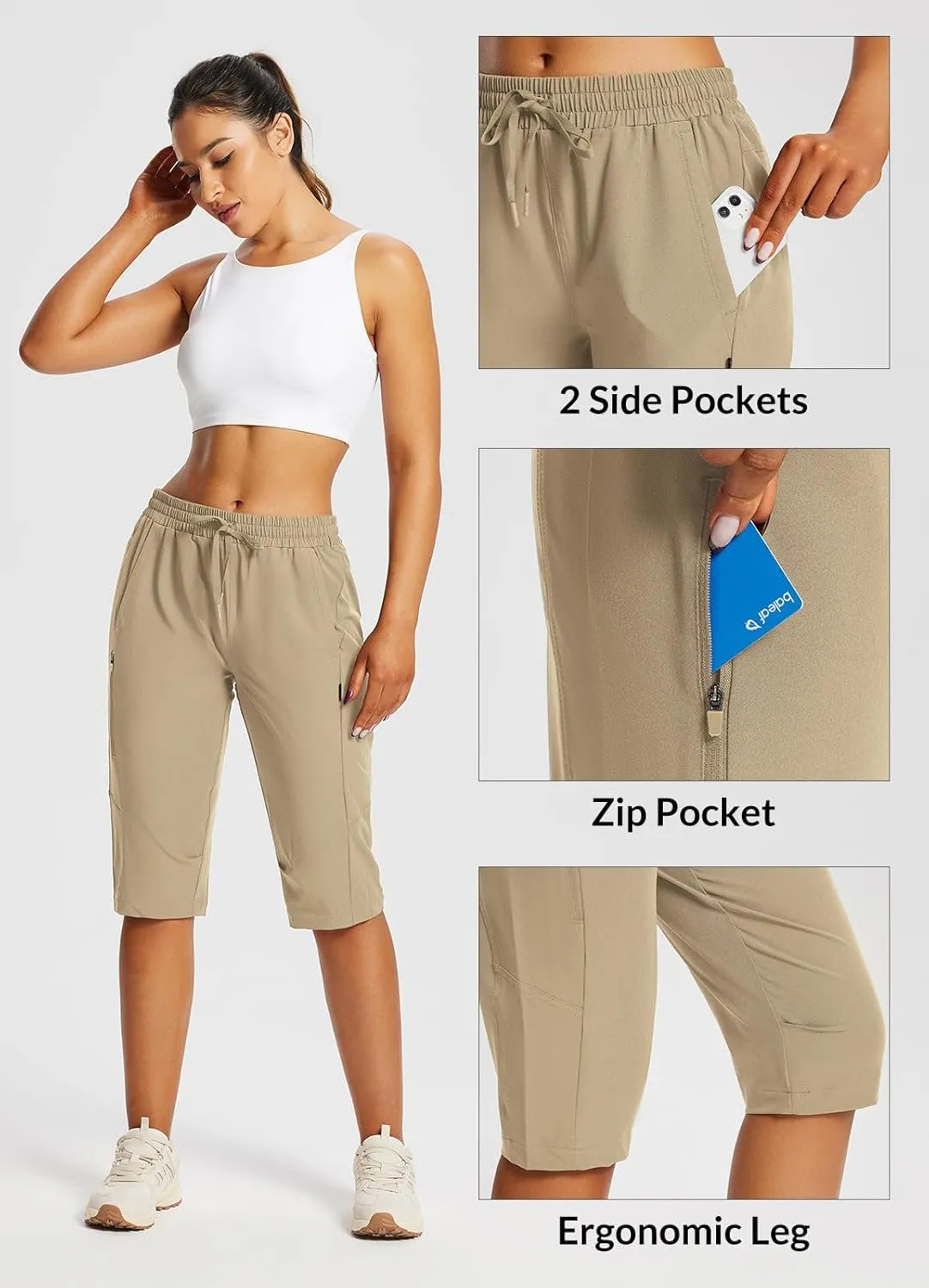 baleaf Women's 15" Long Shorts Below The Knee Capri Hiking Cargo Shorts Lightweight Quick Dry Elastic Waist for Casual