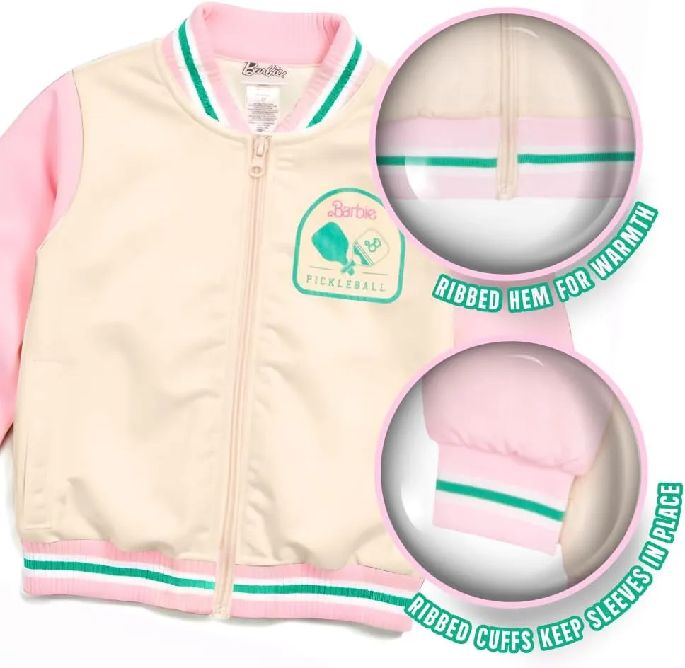 Barbie Girls Bomber Jacket - Zip-Up Varsity Jacket with Girl Power Outerwear