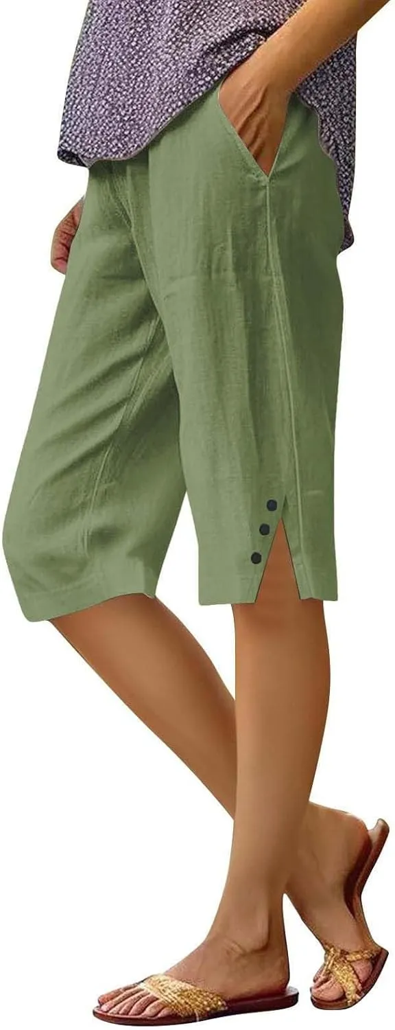 Bermuda Shorts for Women Wide Leg Linen Knee Length Summer Casual Long Shorts Loose High Waisted Short with Pockets